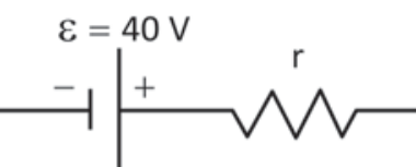 Esquema elétrico de um gerador não ideal em circuito aberto, composto por uma força eletromotriz de 40 V com polos negativo e positivo, associada em série com uma resistência interna r.