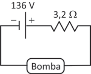 Circuito com gerador de 136 V, resistência interna de 3,2 ohms e uma bomba conectada.