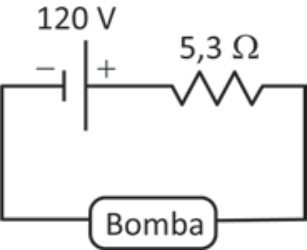 Circuito com gerador de 120 V, resistência interna de 5,3 ohms e uma bomba conectada.