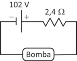 Circuito com gerador de 102 V, resistência interna de 2,4 ohms e uma bomba conectada.