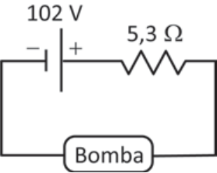 Circuito com gerador de 102 V, resistência interna de 5,3 ohms e uma bomba conectada.