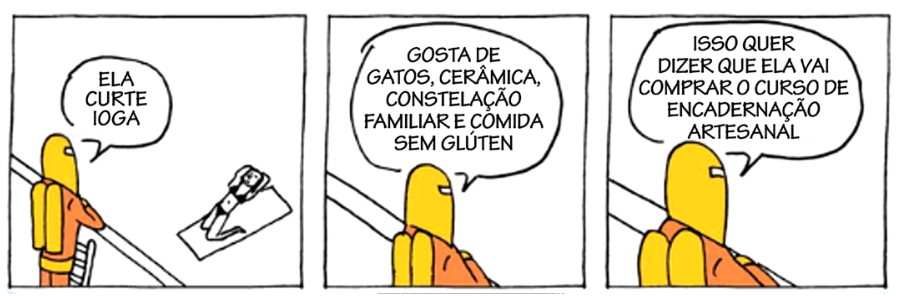 Tirinha de André Dahmer em três quadros: no primeiro, um personagem amarelo e laranja observa do alto de uma sacada uma mulher deitada sobre uma toalha e diz "ELA CURTE IOGA"; no segundo quadro, em primeiro plano, diz "GOSTA DE GATOS, CERÂMICA, CONSTELAÇÃO FAMILIAR E COMIDA SEM GLÚTEN"; no terceiro quadro, conclui "ISSO QUER DIZER QUE ELA VAI COMPRAR O CURSO DE ENCADERNAÇÃO ARTESANAL".