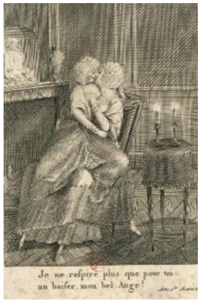F2 Gravura anônima do século XVIII retratando Maria Antonieta abraçada e beijando Yolande de Polignac sentadas em uma cadeira