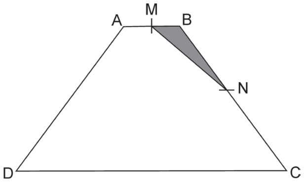 Trapézio ABCD com base menor AB no topo e base maior CD na base inferior. O ponto M é o ponto médio de AB e o ponto N é o ponto médio do lado oblíquo BC. O triângulo MBN está sombreado em cinza.