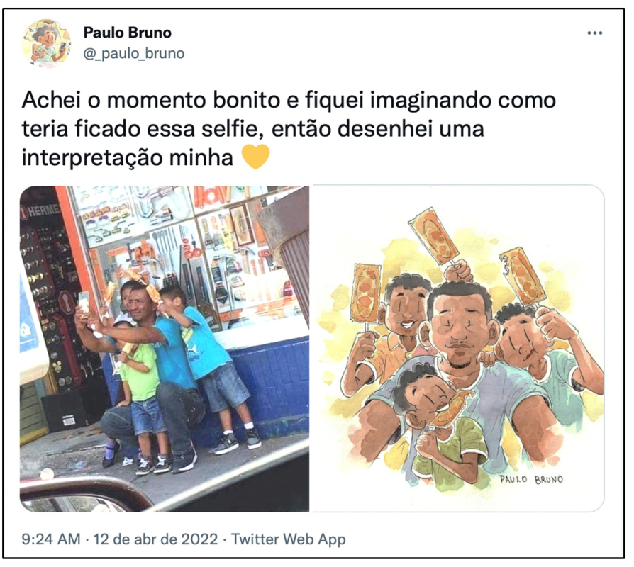 Reprodução de publicação no Twitter de Paulo Bruno, contendo o texto: "Achei o momento bonito e fiquei imaginando como teria ficado essa selfie, então desenhei uma interpretação minha 💛", acompanhado de duas imagens lado a lado: à esquerda, uma foto de um homem agachado com três crianças na calçada segurando doces no palito e tirando uma selfie com o celular apontado para eles; à direita, uma ilustração aquarelada mostrando a perspectiva frontal da selfie tirada pela família sorrindo.