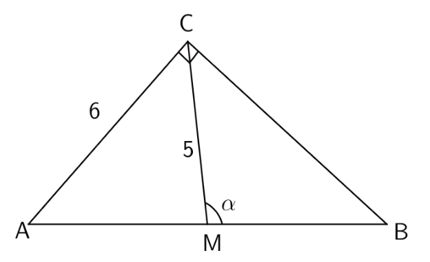 F1 Triângulo retângulo ABC com ângulo reto em C, hipotenusa AB na base horizontal, cateto AC medindo 6 e segmento CM medindo 5, formando o ângulo alfa com o segmento MB.
