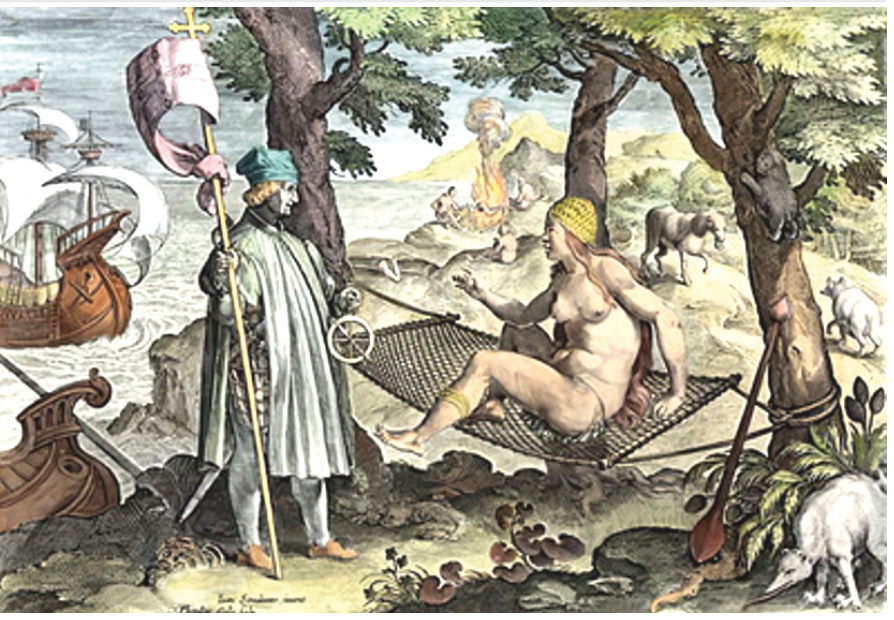 Gravura "Vespúcio descobre a América", de Jan van der Straet: em primeiro plano, Américo Vespúcio vestido com trajes europeus segura um mastro com estandarte e um instrumento astronômico diante de uma mulher indígena seminua deitada em uma rede; ao fundo, naus ao mar, árvores, animais e indígenas ao redor de uma fogueira.