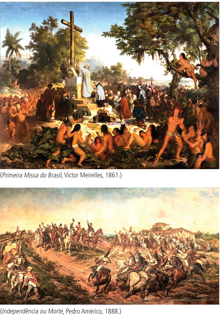 Reprodução das pinturas históricas "Primeira Missa do Brasil" (1861), de Victor Meirelles, e "Independência ou Morte" (1888), de Pedro Américo.