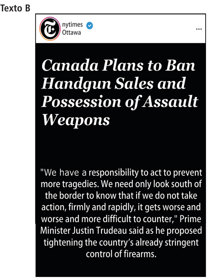 Postagem do perfil @nytimes no Instagram precedida pelo título Texto B, contendo a manchete "Canada Plans to Ban Handgun Sales and Possession of Assault Weapons" seguida de citação do primeiro-ministro Justin Trudeau propondo o endurecimento do controle de armas.