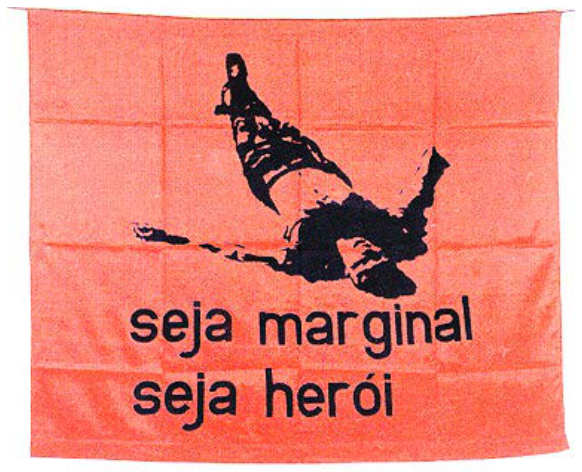 F2 Bandeira vermelha com a imagem estilizada de um homem caído de costas e braços abertos, com os dizeres: "seja marginal seja herói".
