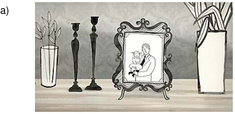 F1 Ilustração em tons de cinza mostrando uma bancada com dois vasos com plantas, dois castiçais altos e um porta-retrato com a fotografia de um homem segurando uma criança no colo.