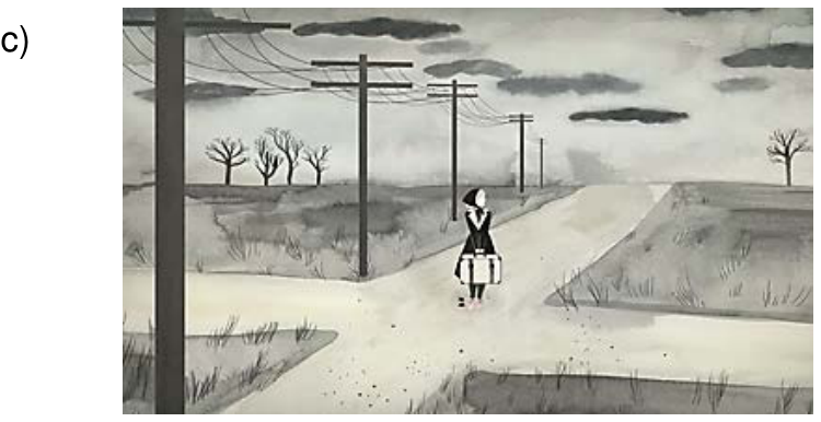 F3 Ilustração de uma mulher segurando uma mala, parada em uma encruzilhada de caminhos em uma paisagem descampada e nublada, ladeada por postes de eletricidade e árvores secas.