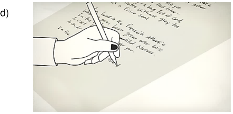 F4 Ilustração em plano detalhe de uma mão com as unhas pintadas de escuro segurando uma caneta e escrevendo versos em inglês em uma folha de papel.