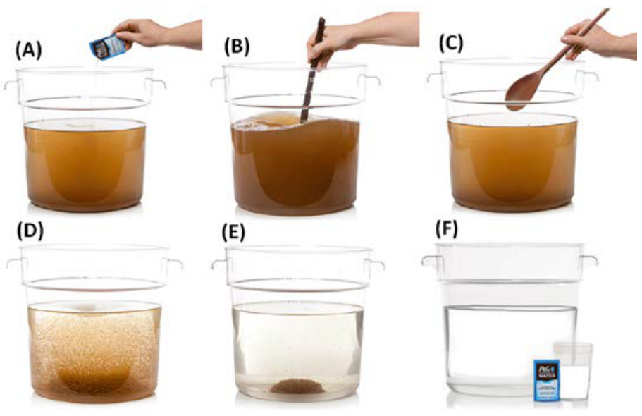 Seis etapas do processo de purificação da água em um recipiente transparente: (A) sachê sendo despejado na água turva; (B) agitação vigorosa com bastão; (C) agitação com colher de pau; (D) formação de flocos em suspensão; (E) decantação do material particulado no fundo do balde, com água límpida acima; (F) água purificada final com sachê e copo ao lado.