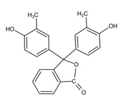 Fórmula estrutural da forma B da o-cresolftaleína, com carbono sp³ central ligado a anel lactônico cíclico e dois anéis cresólicos