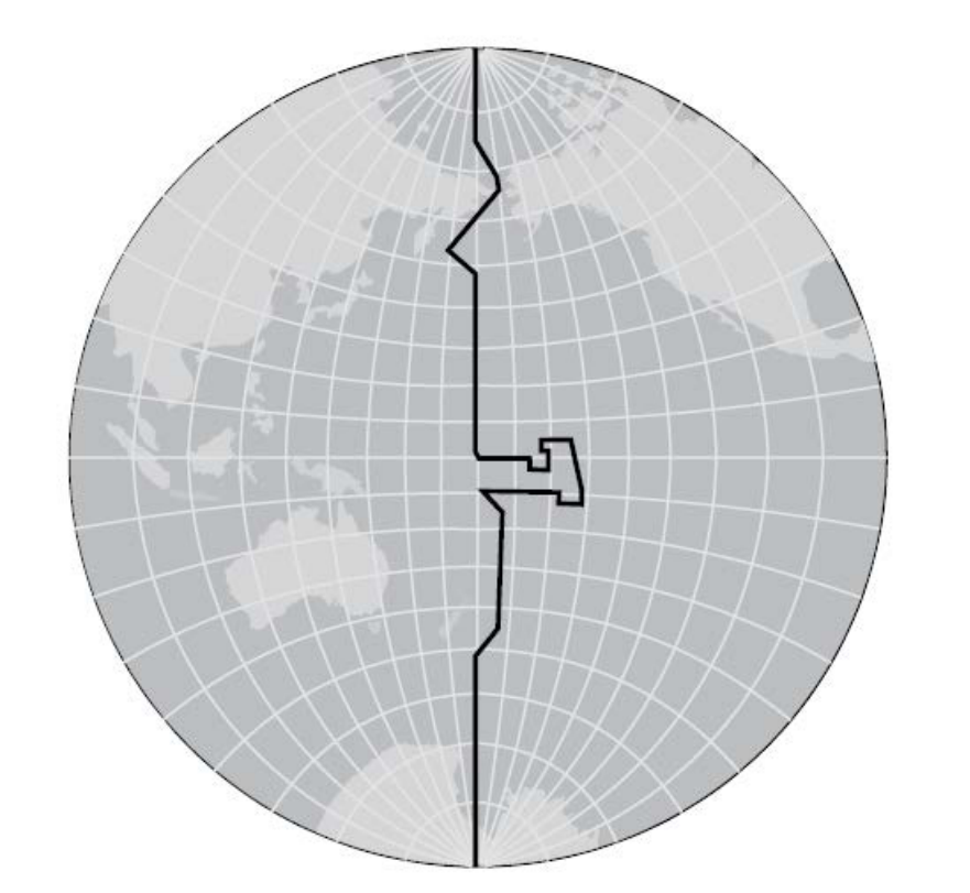 F1 Globo terrestre com projeção mostrando o Oceano Pacífico e o traçado irregular da Linha Internacional de Mudança de Data ao longo do meridiano de 180 graus.