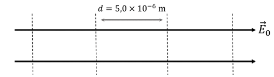 Duas linhas horizontais paralelas orientadas para a direita representando o vetor campo elétrico E₀, atravessadas perpendicularmente por quatro linhas verticais tracejadas. Entre a segunda e a terceira linha tracejada há uma seta dupla horizontal indicando a distância d = 5,0 × 10⁻⁶ m.
