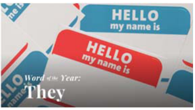 F2 Crachás adesivos com a frase "HELLO my name is" em azul e vermelho e o texto "Word of the Year: They" no canto inferior esquerdo.