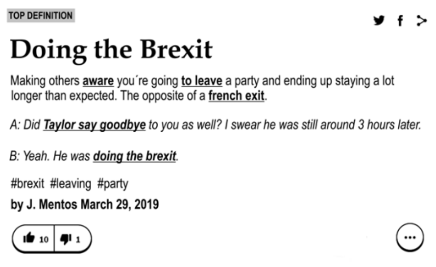 Definição do termo "Doing the Brexit" no site Urban Dictionary, acompanhada de exemplo de uso e botões de interação.