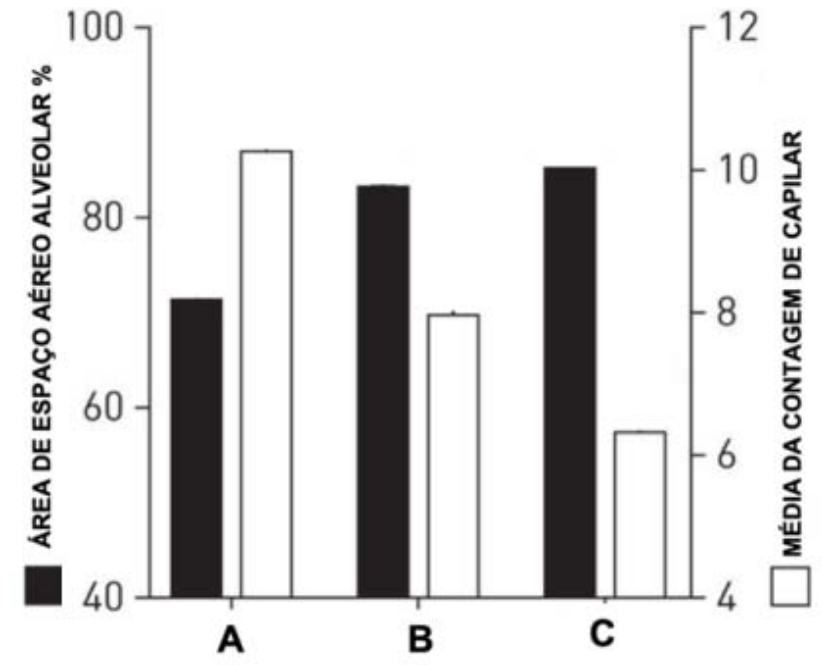 Gráfico de barras duplas para três condições: A, B e C. No eixo vertical esquerdo está a porcentagem da área de espaço aéreo alveolar (representada pelas barras pretas), variando de 40 a 100%. No eixo vertical direito está a média da contagem de capilar (representada pelas barras brancas), variando de 4 a 12. Na condição A, a barra preta está um pouco acima de 70% e a barra branca está acima de 10. Na condição B, a barra preta está acima de 80% e a barra branca está um pouco abaixo de 8. Na condição C, a barra preta está em torno de 85% e a barra branca está próxima de 6.