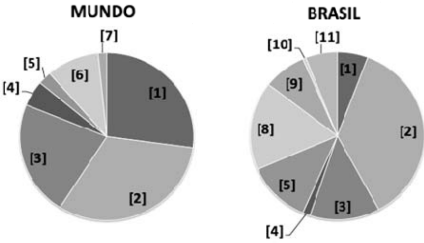 Gráficos de setores representando a matriz energética no mundo e no Brasil. O gráfico intitulado "MUNDO" possui setores identificados de [1] a [7]. O gráfico intitulado "BRASIL" possui setores identificados com os números [1], [2], [3], [4], [5], [8], [9], [10] e [11].