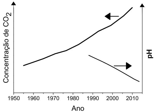 Gráfico com eixo horizontal indicando o Ano (de 1950 a 2010), eixo vertical esquerdo indicando a Concentração de CO2 e eixo vertical direito indicando o pH. A curva superior, crescente, possui uma seta apontando para a esquerda (Concentração de CO2). A curva inferior, decrescente a partir de cerca de 1988, possui uma seta apontando para a direita (pH).