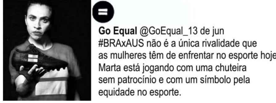 Tweet da conta Go Equal com foto da jogadora Marta segurando uma chuteira preta com o símbolo de igualdade e o texto sobre sua escolha de jogar sem patrocínio pela equidade no esporte.