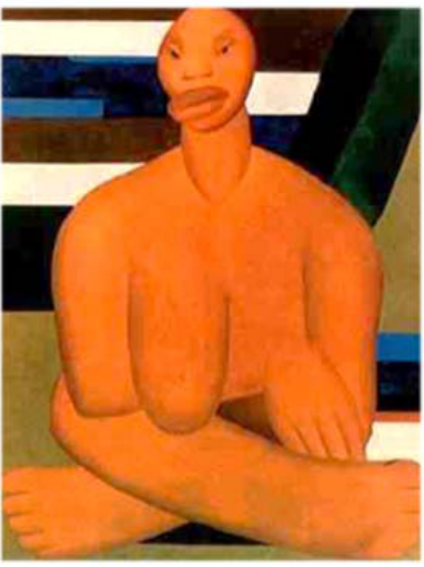 Pintura a óleo "A negra" (1923), de Tarsila do Amaral, retratando em primeiro plano uma mulher negra nua sentada de pernas cruzadas, com a cabeça proporcionalmente pequena, lábios grossos e um dos seios apoiado sobre o braço, contra um fundo de listras e formas geométricas.