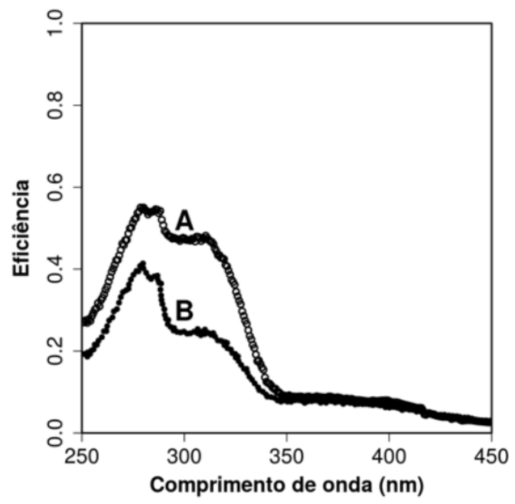 Gráfico da eficiência em função do comprimento de onda (nm), variando de 250 a 450 nm, apresentando duas curvas: a curva A, com valores de eficiência mais elevados (pico em torno de 0,55 próximo a 280 nm e patamar em torno de 0,48 próximo a 310 nm), e a curva B, com valores menores (pico de cerca de 0,4 em 280 nm e patamar próximo a 0,25 em 310 nm).