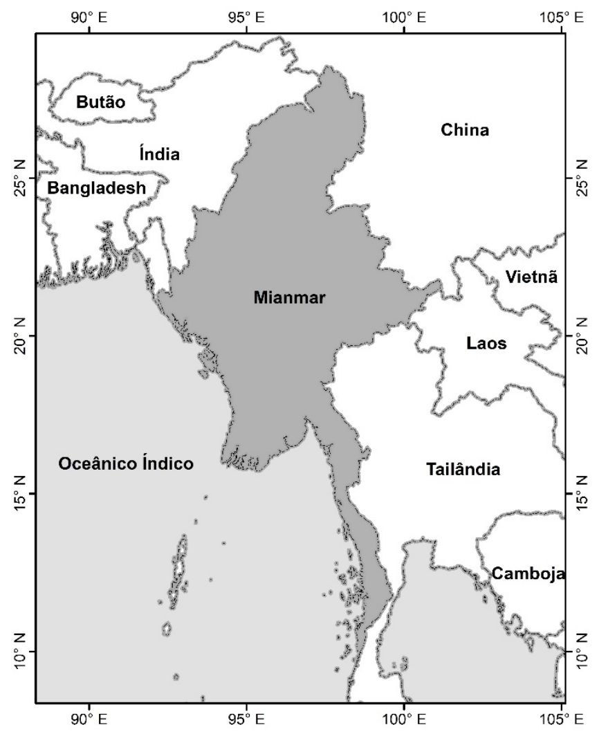 Mapa político do Sudeste Asiático com destaque em cinza para Mianmar, delimitando suas fronteiras com Bangladesh, Índia, China, Laos e Tailândia, e sua costa voltada para o Oceânico Índico. Na margem do mapa estão indicadas as coordenadas de latitude de 10° N a 25° N e longitude de 90° E a 105° E.