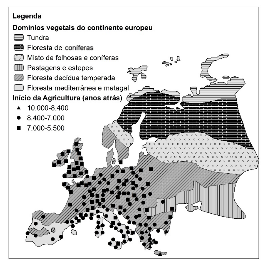 Mapa dos domínios vegetais do continente europeu (Tundra, Floresta de coníferas, Misto de folhosas e coníferas, Pastagens e estepes, Floresta decídua temperada, Floresta mediterrânea e matagal) sobrepostos por símbolos que indicam o início da agricultura em anos atrás: triângulos para 10.000 a 8.400 anos, círculos para 8.400 a 7.000 anos e quadrados para 7.000 a 5.500 anos.