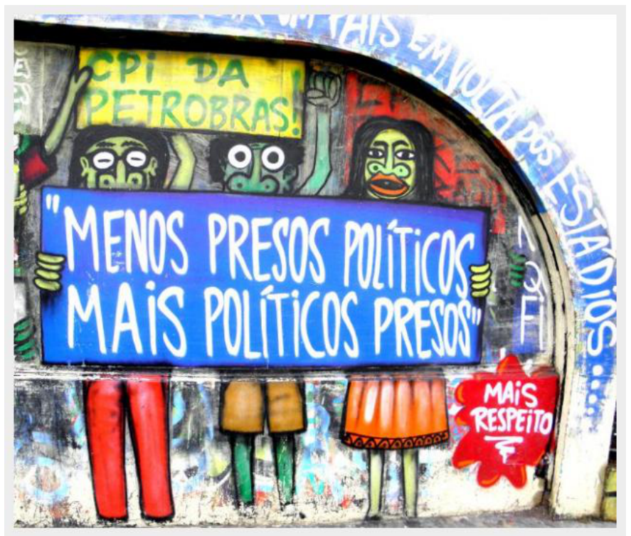 Grafite urbano retratando três figuras que seguram uma faixa azul com os dizeres: ""MENOS PRESOS POLÍTICOS MAIS POLÍTICOS PRESOS"". Ao fundo, vê-se outro cartaz com os dizeres "CPI DA PETROBRAS!", e no canto inferior direito, uma mancha vermelha com "MAIS RESPEITO".