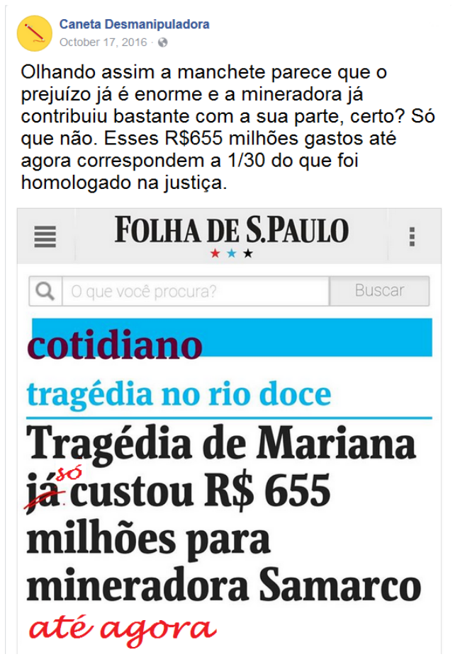 F1 Post da página Caneta Desmanipuladora no Facebook com alterações na manchete da Folha de S.Paulo sobre a tragédia de Mariana