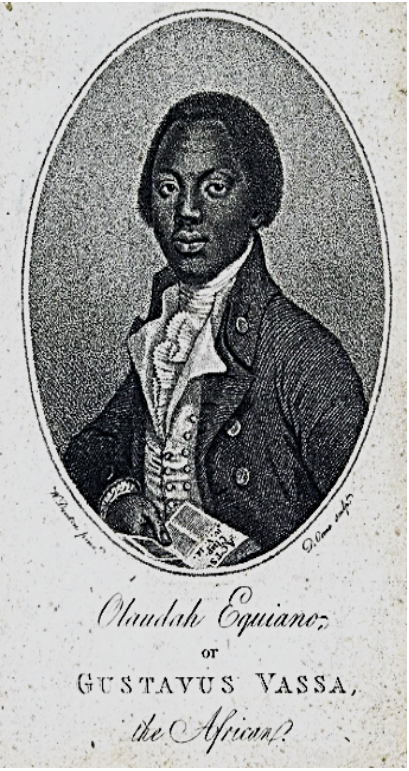F2 Gravura de Olaudah Equiano em uma moldura oval, vestindo casaco, colete e lenço no pescoço, com um livro nas mãos. Abaixo do retrato, lê-se “Olaudah Equiano, or GUSTAVUS VASSA, the African.”