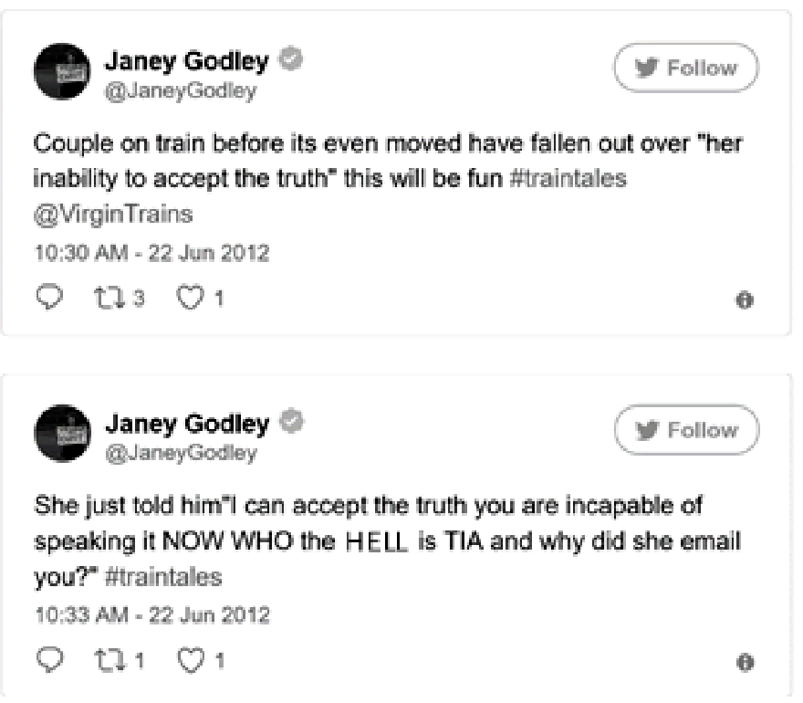 Dois tweets publicados por Janey Godley (@JaneyGodley) relatando uma discussão de casal em um trem, com a hashtag #traintales e menção a @VirginTrains.