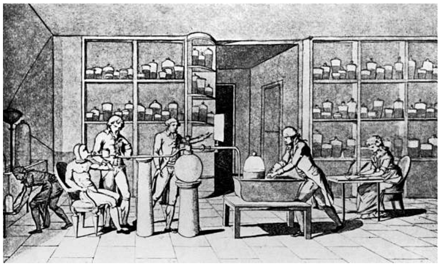 Ilustração de um laboratório no século XVIII com vários homens conduzindo um experimento de respiração em uma pessoa sentada, conectada a tubos e recipientes, enquanto Marie Lavoisier está sentada à direita anotando observações em uma mesa.