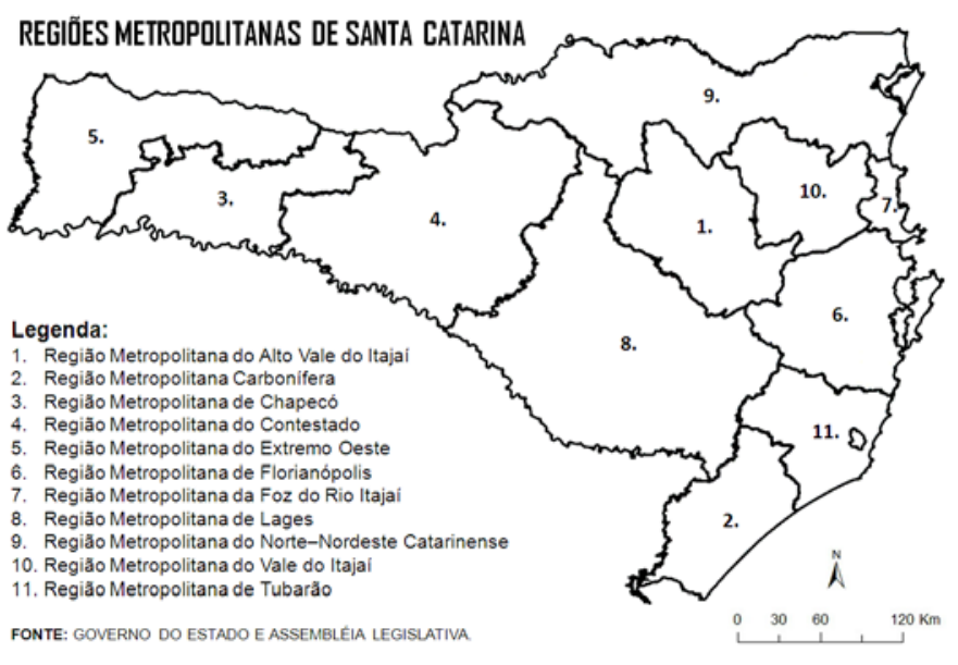 F1 Mapa das divisões territoriais do Estado de Santa Catarina em 11 Regiões Metropolitanas numeradas de 1 a 11, acompanhadas de legenda, escala gráfica e orientação norte.