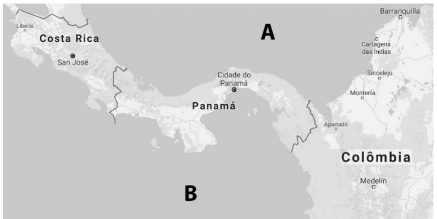 Mapa da América Central e norte da América do Sul mostrando Costa Rica, Panamá e Colômbia, com a área oceânica ao norte identificada pela letra A e ao sul pela letra B.