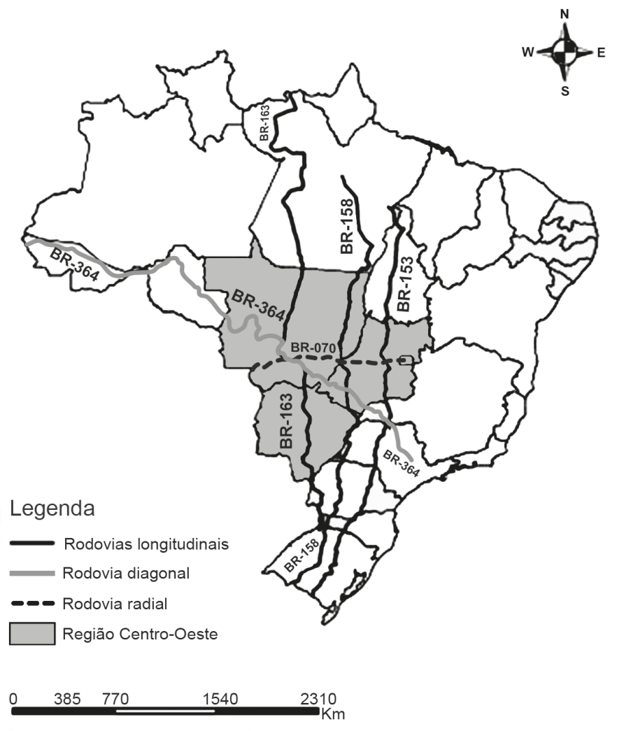 F1 Mapa do Brasil destacando a Região Centro-Oeste e principais rodovias que a atravessam, incluindo as rodovias longitudinais BR-163, BR-158 e BR-153, a rodovia diagonal BR-364 e a rodovia radial BR-070.