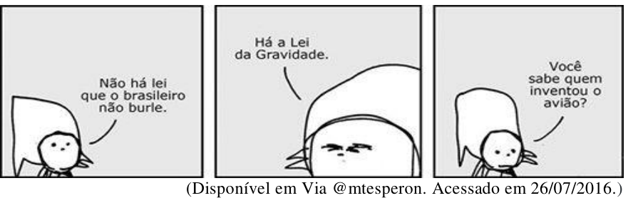 Tirinha com três quadrinhos de traços simples. No primeiro, uma personagem diz: "Não há lei que o brasileiro não burle."; no segundo, uma voz externa retruca: "Há a Lei da Gravidade."; no terceiro, a personagem do primeiro quadrinho pergunta: "Você sabe quem inventou o avião?".