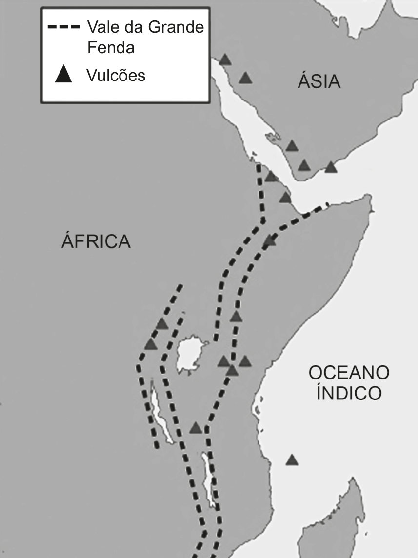 F1 Mapa da África Oriental e Península Arábica destacando com linhas tracejadas o Vale da Grande Fenda e com pequenos triângulos a localização de vulcões ao longo da fratura geológica.