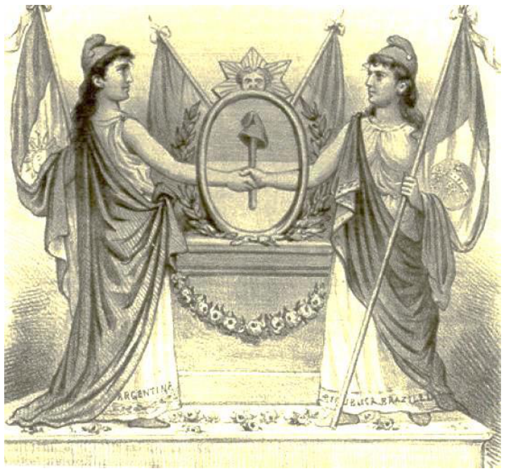 Alegoria do reconhecimento da República brasileira pela Argentina: duas figuras femininas com vestes clássicas e barretes frígios personificando a Argentina e o Brasil dão as mãos diante de um brasão central e bandeiras de ambos os países.