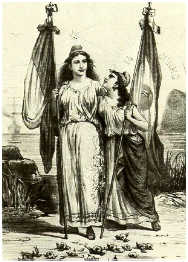 Alegoria do reconhecimento da República brasileira pela França: duas figuras femininas representam a França e o Brasil, portando suas bandeiras. A personificação francesa, mais alta e imponente, é fitada com admiração pela personificação menor da jovem República brasileira. Ao fundo, vê-se a Baía de Guanabara com o Pão de Açúcar e um sol nascente.