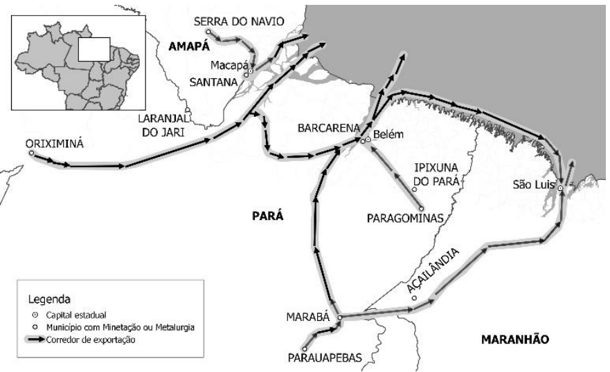 Mapa da Amazônia Oriental (estados do Pará, Amapá e Maranhão) mostrando corredores de exportação mineral a partir de municípios com mineração ou metalurgia, como Oriximiná, Serra do Navio, Barcarena, Parauapebas, Paragominas e Ipixuna do Pará em direção aos portos de Santana, Belém/Barcarena e São Luís.