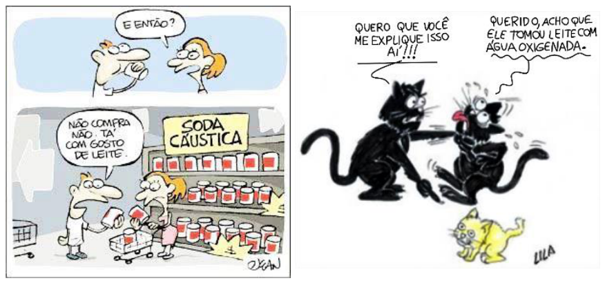 Duas charges: à esquerda, um homem experimenta um produto na prateleira identificada como "SODA CÁUSTICA" e diz à mulher "NÃO COMPRA NÃO. TÁ COM GOSTO DE LEITE"; à direita, um gato preto aponta irritado para um gatinho amarelo e diz "QUERO QUE VOCÊ ME EXPLIQUE ISSO AÍ!!!", ao que a gata preta responde "QUERIDO, ACHO QUE ELE TOMOU LEITE COM ÁGUA OXIGENADA."
