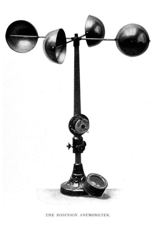F1 Anemômetro de Robinson com quatro conchas hemisféricas presas por hastes a um eixo vertical, apoiado sobre uma base com mostradores de medição.
