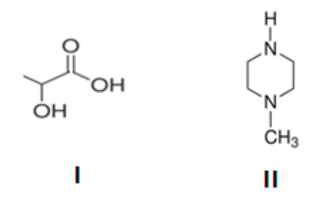 F1 Fórmulas estruturais dos compostos I e II. O composto I apresenta uma carboxila e uma hidroxila. O composto II apresenta um anel heterocíclico de seis membros com dois átomos de nitrogênio (um ligado a H e outro ao grupo CH3).