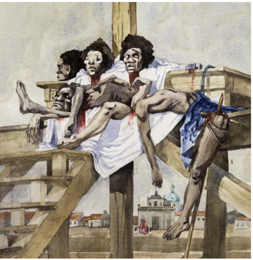 F1 Aquarela de João Teófilo em diálogo com "Tiradentes esquartejado", retratando partes de corpos esquartejados e cabeças decepadas de pessoas negras sobre uma estrutura de madeira (patíbulo), com uma igreja e construções coloniais ao fundo.