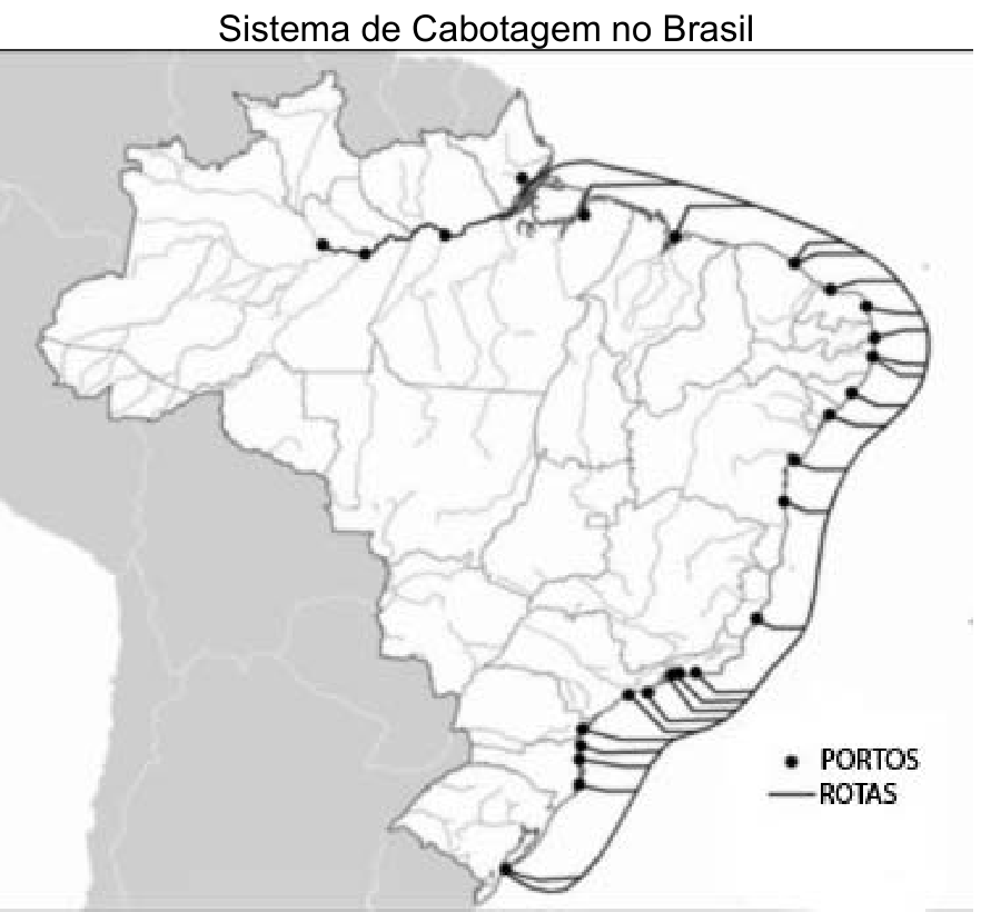 F1 Mapa do Sistema de Cabotagem no Brasil, mostrando pontos ao longo do litoral e do Rio Amazonas interligados por linhas contínuas, representando os portos e as rotas de navegação de cabotagem. Legenda indica ponto para "PORTOS" e linha para "ROTAS".