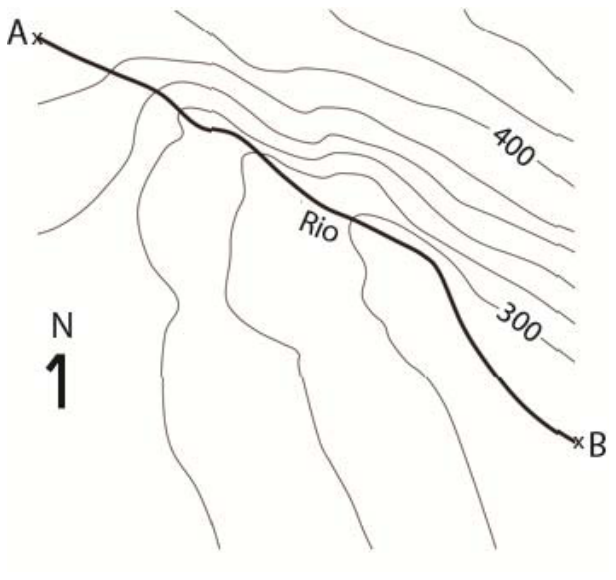F1 Fragmento de carta topográfica mostrando curvas de nível cotadas em 300 e 400 metros, o curso de um rio que vai de A (noroeste) até B (sudeste), e a indicação do Norte voltada para cima.